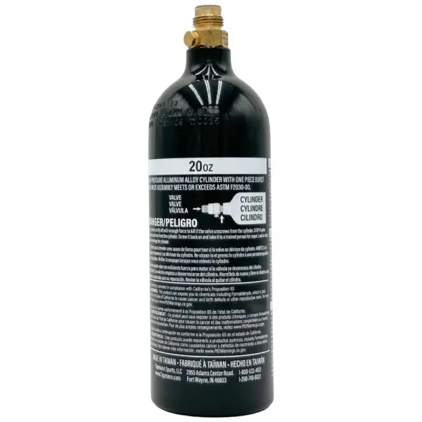 Black CO2 cylinder with valve and instructions.