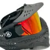 Black paintball mask with red lens.