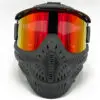 Black paintball mask with red lens.