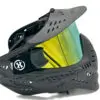 Black paintball mask with gold visor.