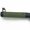 Green and black rifle barrel with sight.