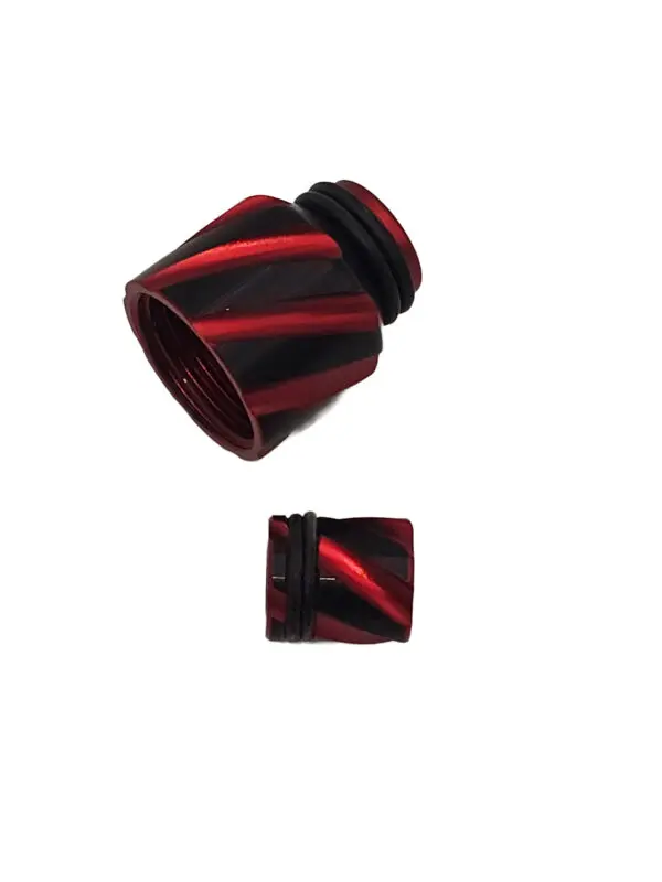 Red and black threaded metal connectors.