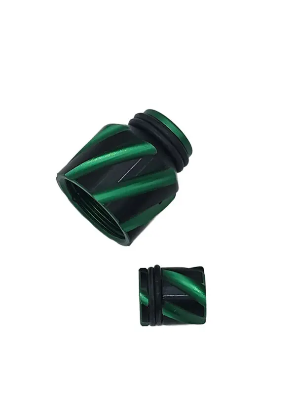 Green and black striped metal fittings.