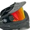 Black paintball mask with orange visor.