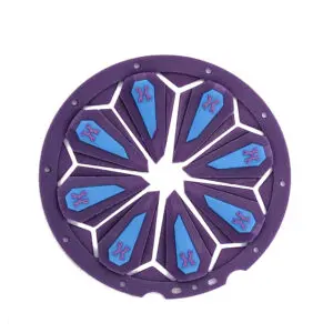 Purple and blue circular object with symbols.