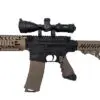 Tan AR-15 rifle with scope.