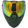 Black and green paintball mask with mirrored lens.