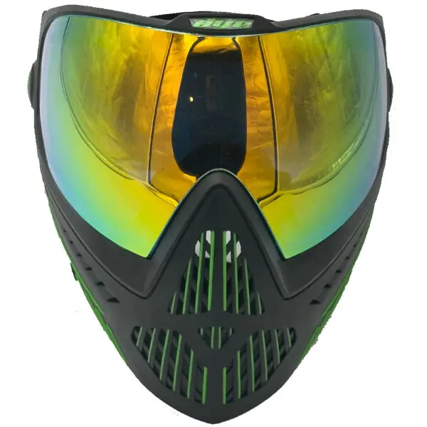 Black and green paintball mask with mirrored lens.