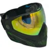 Black and green paintball mask with mirrored lens.