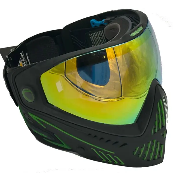 Black and green paintball mask with mirrored lens.