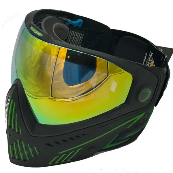 Black and green paintball mask with mirrored lens.