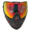 Black paintball mask with red mirrored lens.