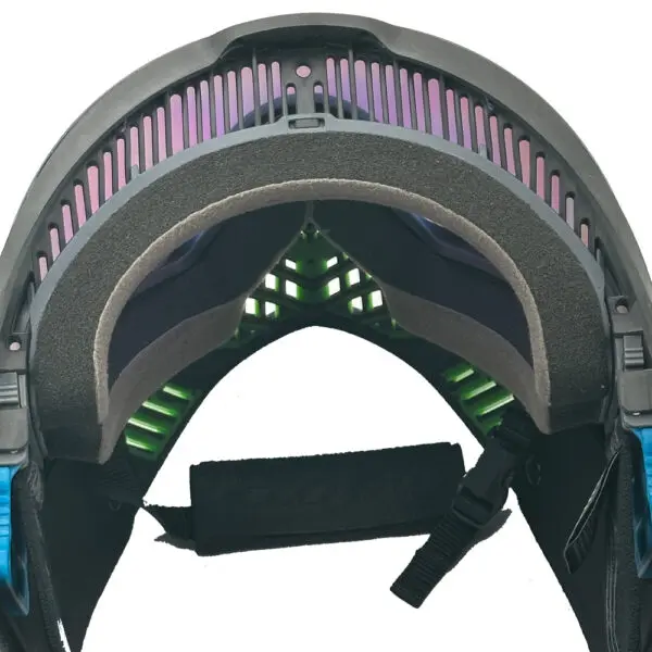 Black paintball mask with blue accents.