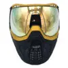 Black and gold paintball mask with mirrored lens.