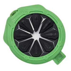 Here's an alt tag for the image: Green paintball hopper lid with black blades.
