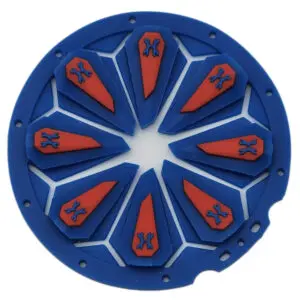 Blue circular shield with red coffin symbols.