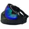 Black paintball mask with green camo and blue lens.