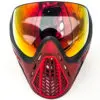 Red and black paintball mask with thermal lens.
