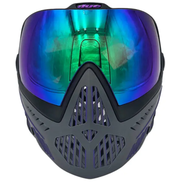 Gray and purple paintball mask with iridescent lenses.