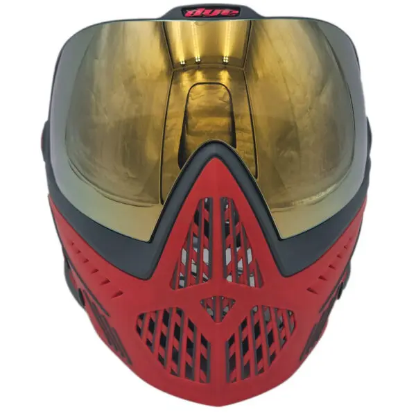 Red Dye paintball mask with gold lens.