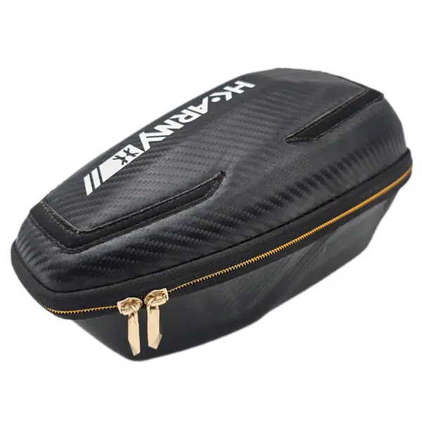 Black zippered hard case with logo.