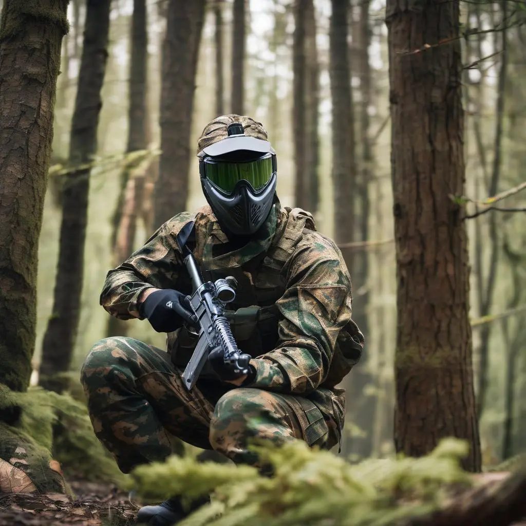 Camouflaged paintball player with rifle in forest.