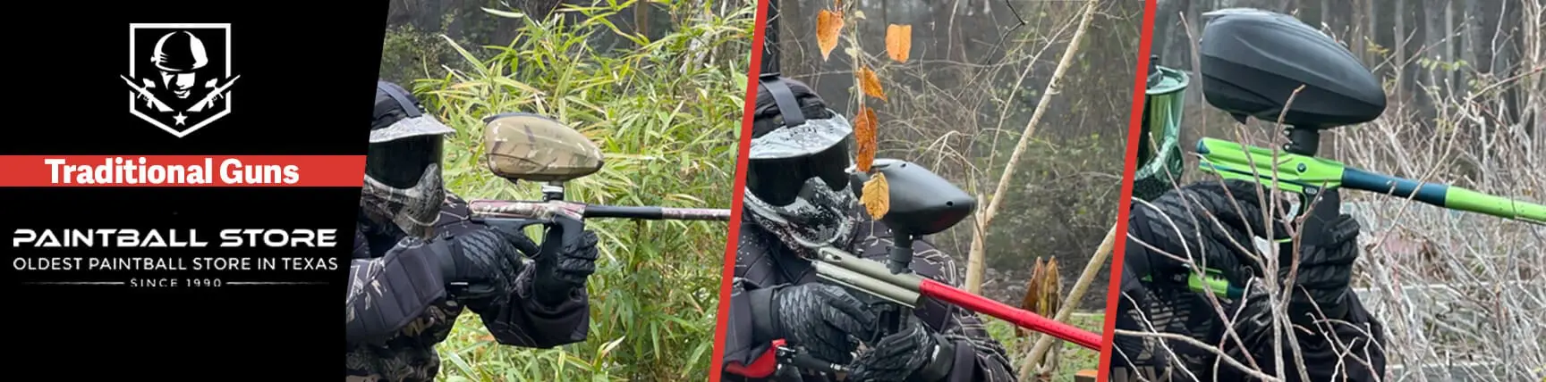 Traditional-paintball-guns Paintball players with guns in woods.