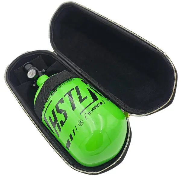 Green paintball tank in black carrying case.
