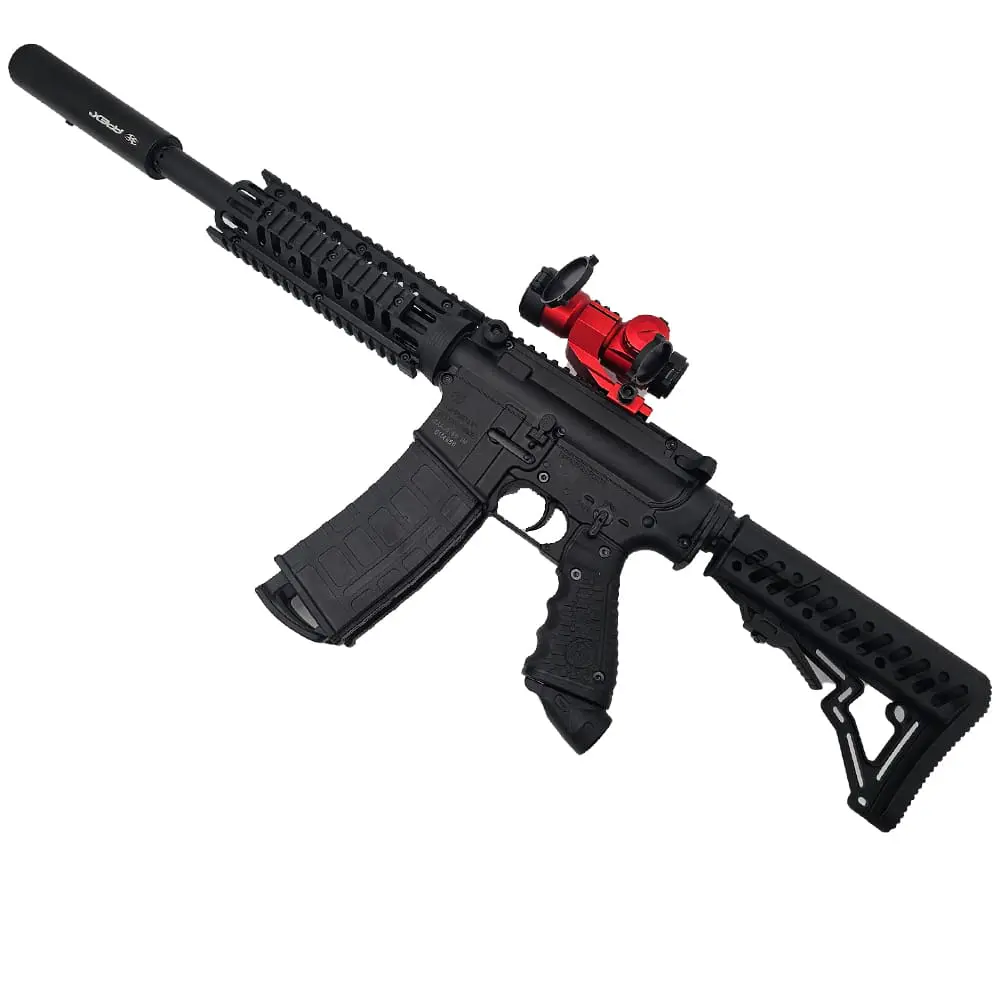 Black paintball marker with red sight.