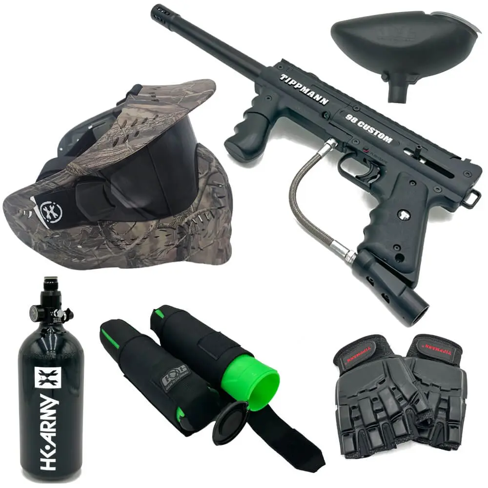 Paintball gun, mask, gloves, and tank.