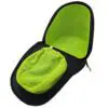 Green and black open sunglasses case.