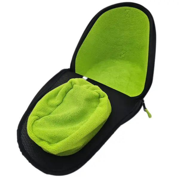 Green and black open sunglasses case.