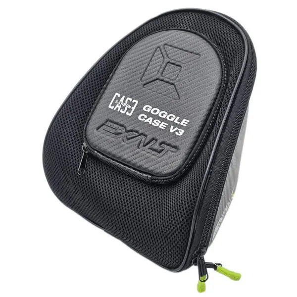 Black Exalt goggle case with green zipper.