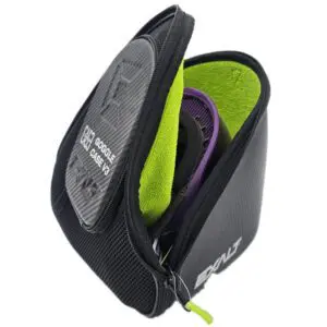 Goggle case with green interior, partially open.