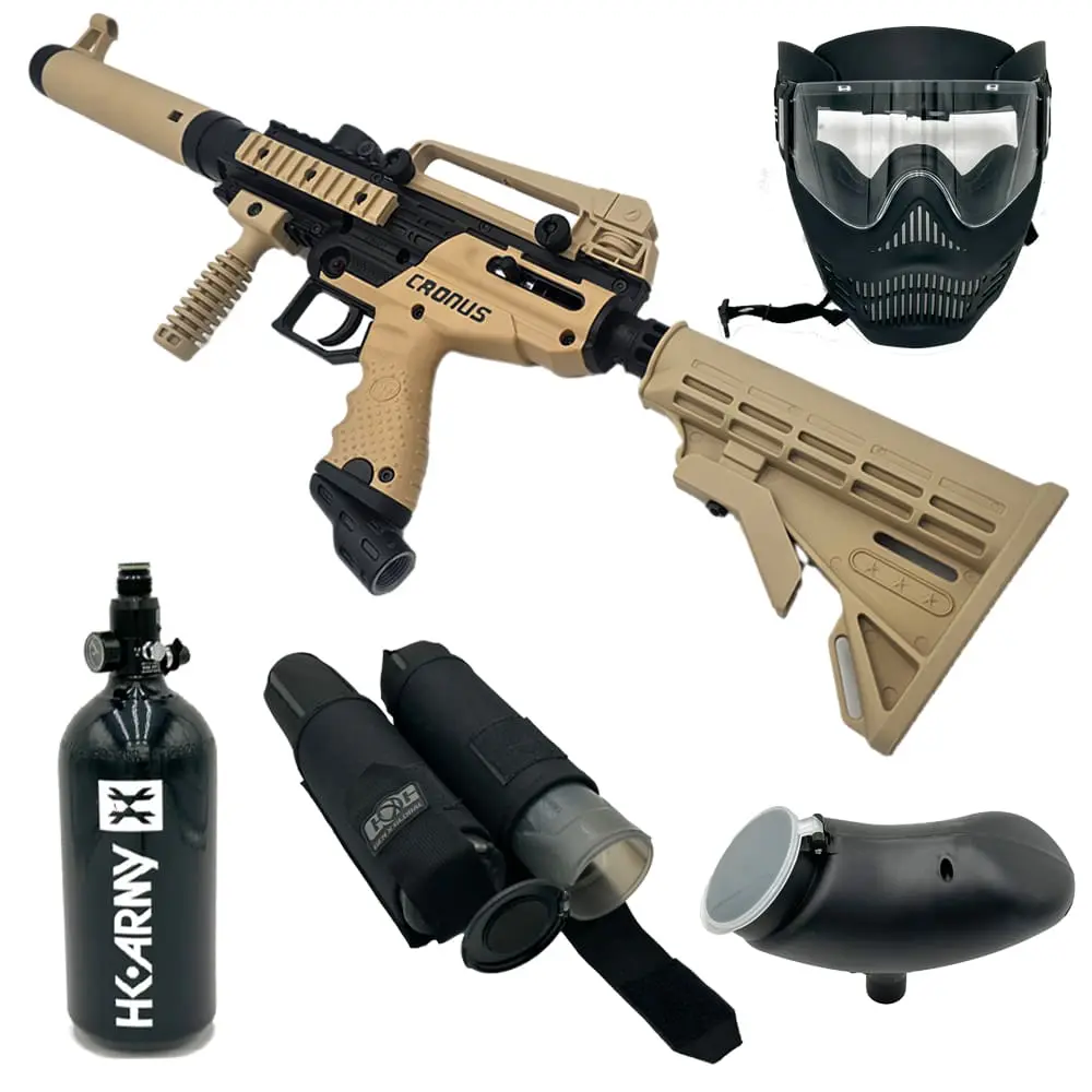 Tan paintball gun, mask, and accessories.