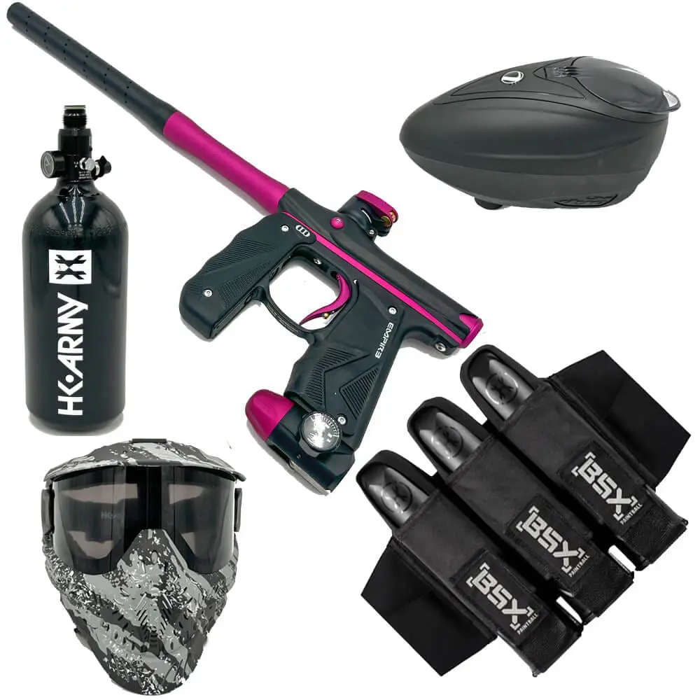 Pink paintball gun, mask, and gear.