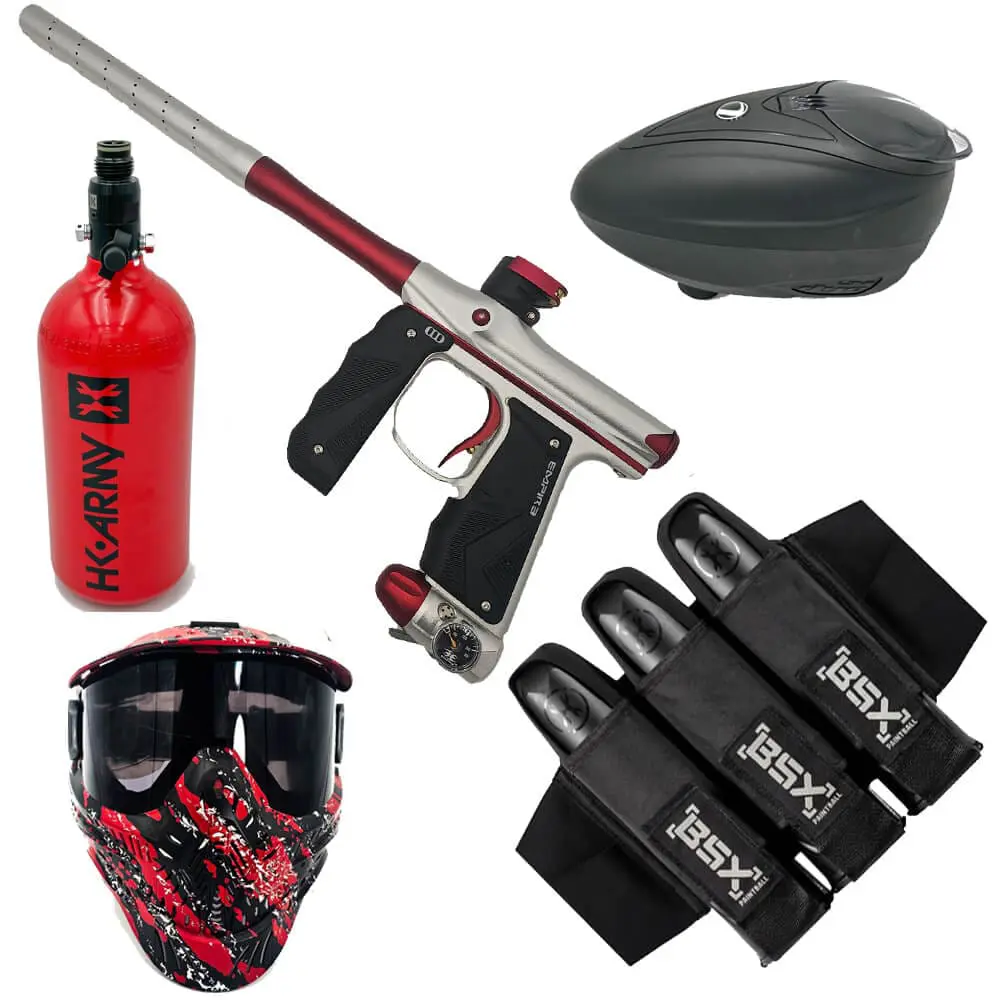 Paintball gun, mask, tank, and pod pack.