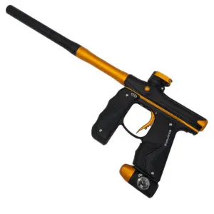 Here's an alt tag for the image: Black and gold paintball marker.