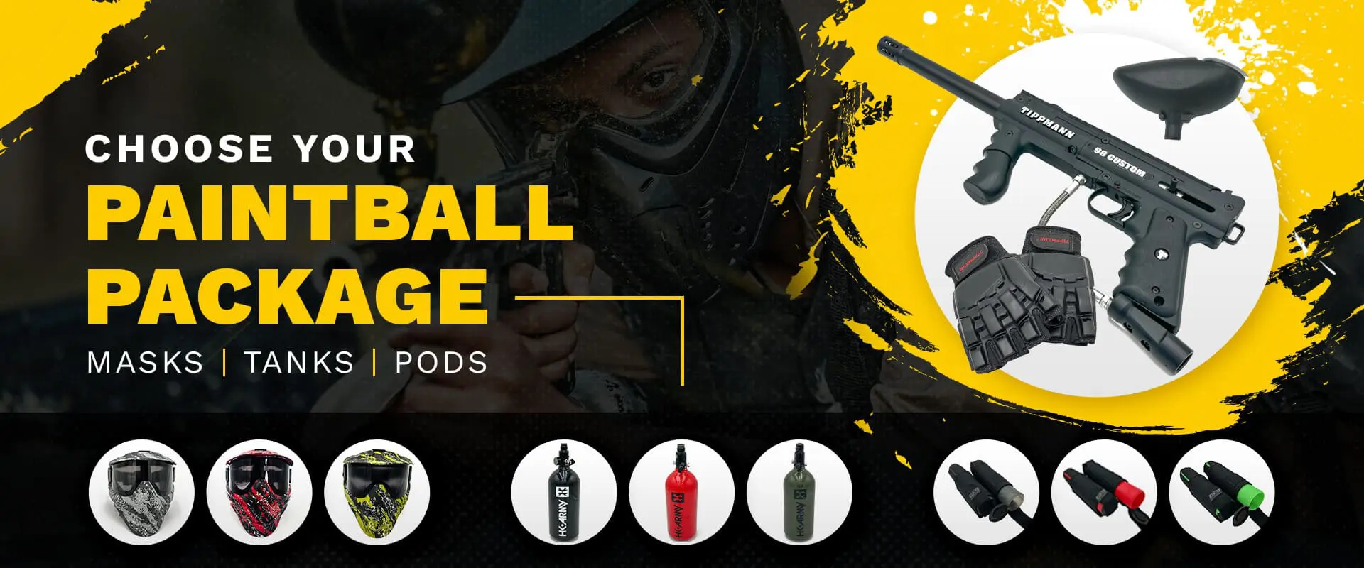 Paintball package: masks, tanks, pods.