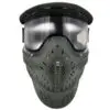 Paintball mask with visor and ventilation holes.