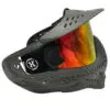 Paintball mask with tinted visor and logo.