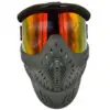 Paintball mask with reflective orange visor.
