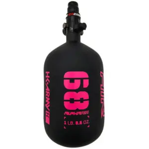 Black air tank with pink lettering.