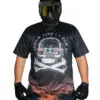 Person in paintball gear with graphic shirt.