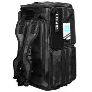 Black expandable backpack with multiple compartments.