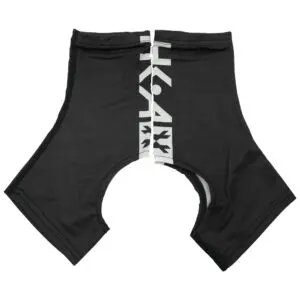 Black cycling shorts with white logo design.