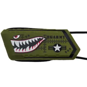 Green military-themed device with shark teeth design.