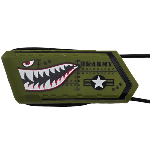 Green military-themed device with shark teeth design.