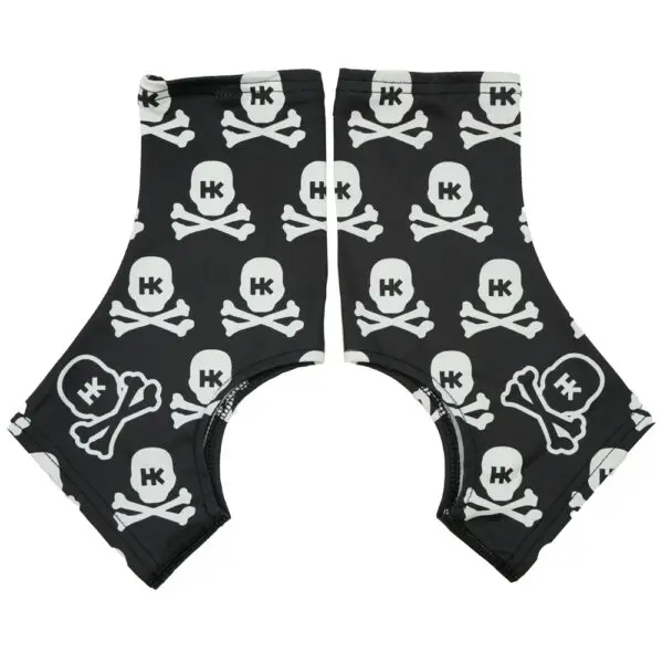 Black sleeves with skull and crossbones pattern.
