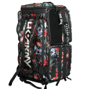 Floral-patterned backpack with multiple compartments.